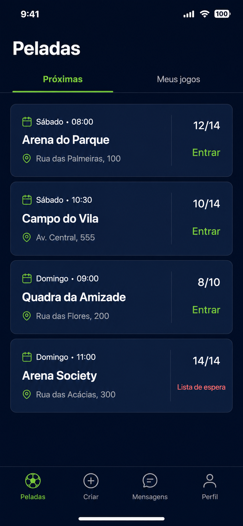 Tela de fila de times do Peladaí